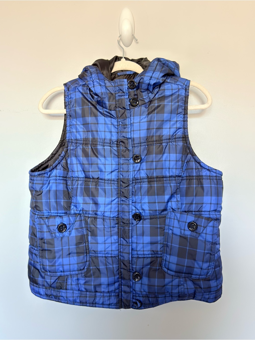 Pink Soup Blue & Black Plaid Hooded Puffer Vest | L